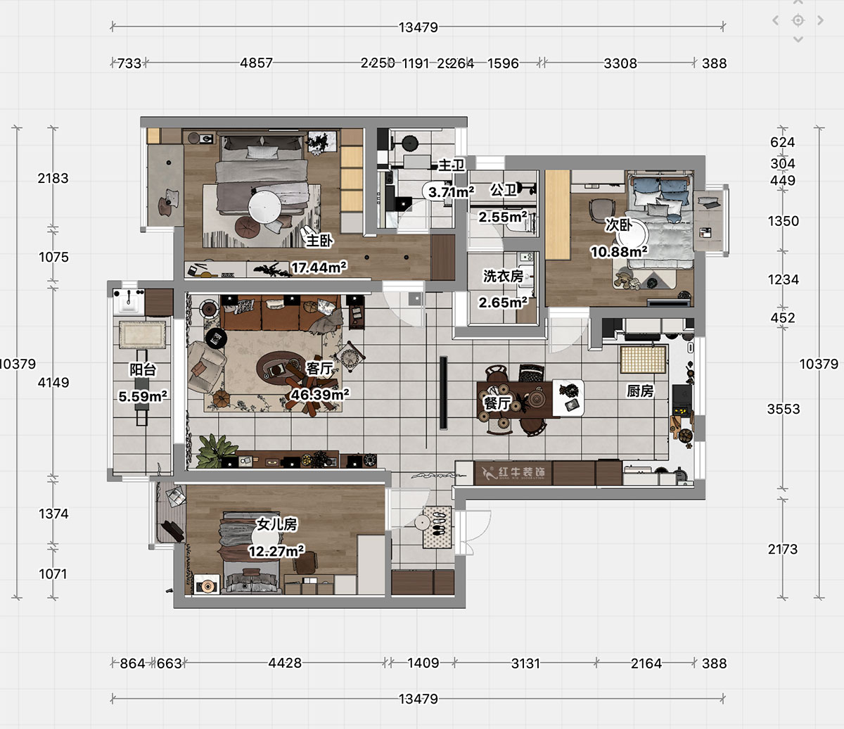 顾娟｜紫金明珠4幢202室-120㎡-现代简约风格｜3室2厅2卫｜旧房装修｜定制家｜全包17万｜00_04平面彩图